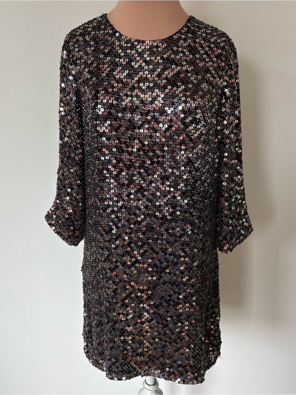 Parker Silk Metallic Sequin NYE Party Glam 3/4 Sleeve Mini Shift Dress Size S